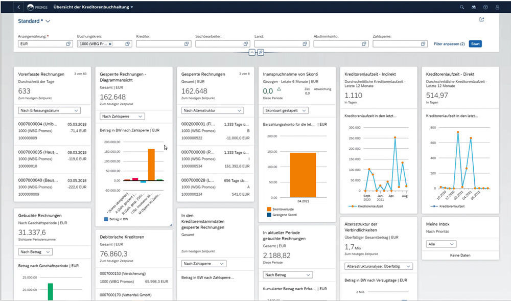 Figure 1: An overview page provides the perfect entry for analytical tasks. Each tile either enables immediate follow-up activities or navigates the user directly to a specific transaction. PROMOS Overview Page für die Kreditorenbuchhaltung im Fiori Launchpad