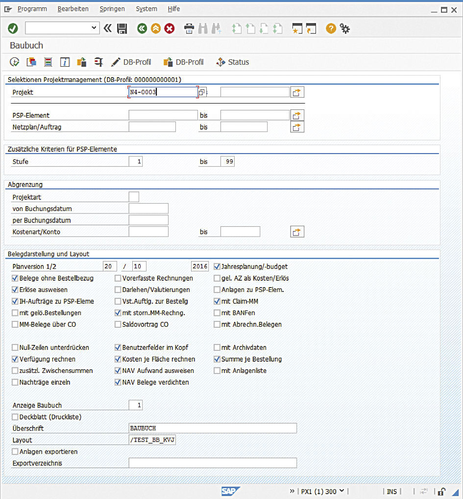 Figure 1: The subsequent evaluation is defined in the selection screen of the PROMOS construction account. Selektionsmaske des PROMOS Baubuchs