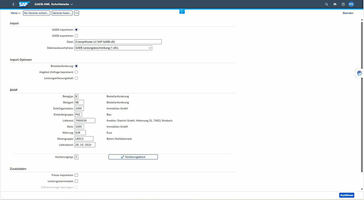 Selektionsmaske beim Einlesen einer GAEB-Datei in SAP