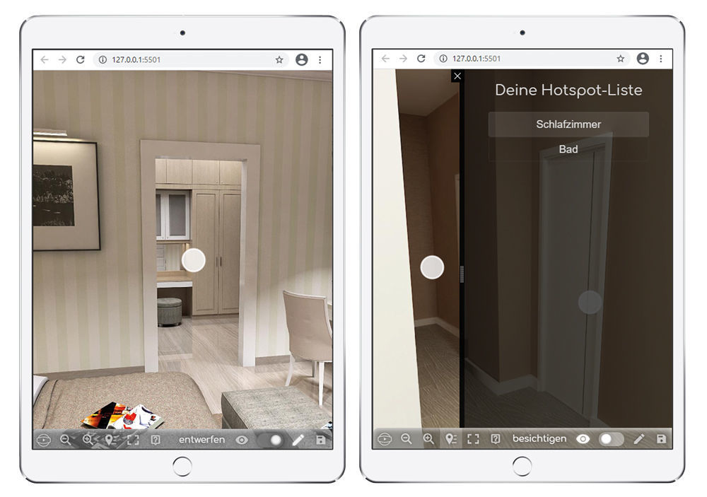 Figures 1 and 2: Viewing mode and hotspot list in potential tenant app. Besichtigungsmodus und Hotspot-Liste für 360-Grad Besichtigungen in der Vermietungslösung von easysquare