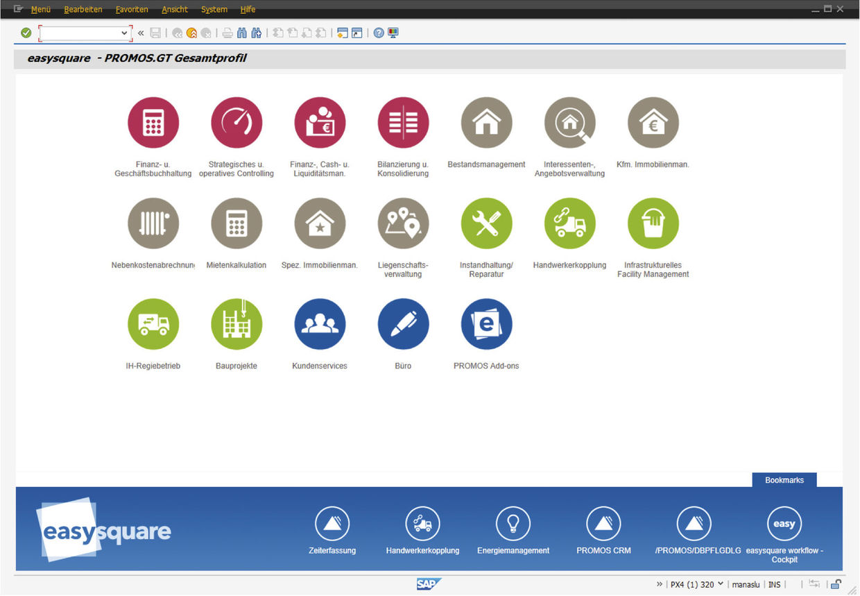 Figure 1: The function selection when accessing the system is adjusted according to role. Those who only require a few functions also see fewer. Die Funktionsauswahl mit farblichen Icons beim Systemeinstieg mit easysquare workflow