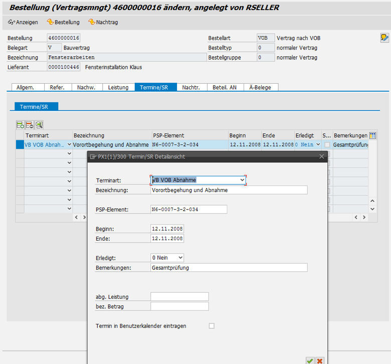 Bauauftragsabwicklung: SAP Dialog zur Erfassung von Terminen