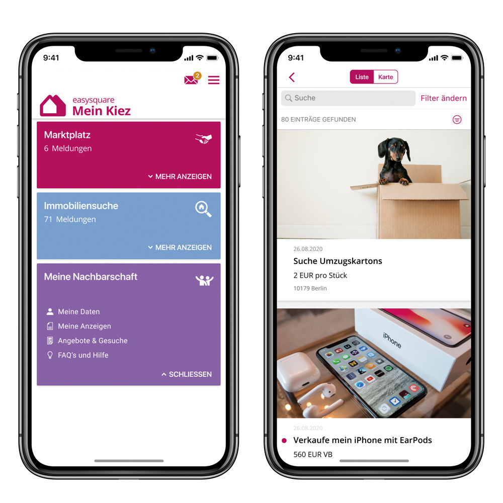 Figure 1: With the new “My neighbourhood” tile, users can advertise offers and requests. Die Nachbarschaftsfunktion in der easysquare Mieter-App für eine starke Community