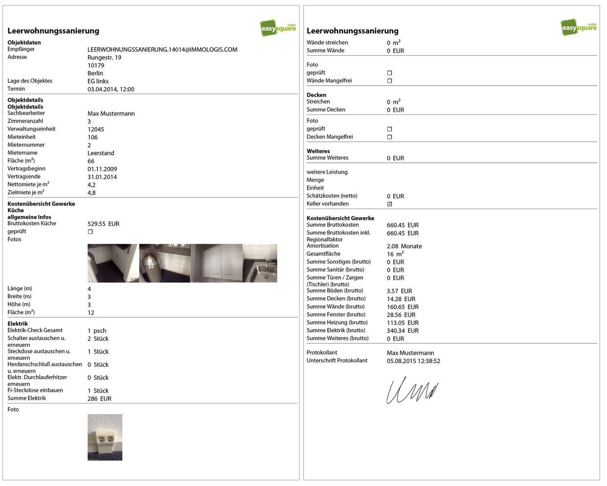 Figure 2: PDF log of the completed digital forms including all photos and the signature. PDF-Protokoll aus den ausgefüllten digitalen Formularen inkl. aller Fotos und Unterschrift mit der easysquare Leerwohnungssanierung