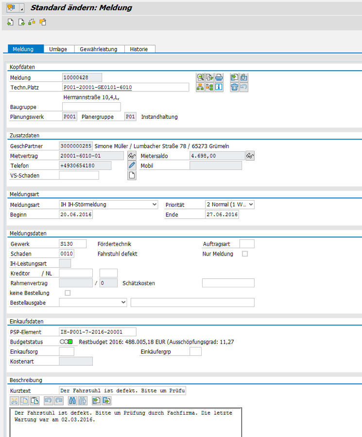 easysquare Schadenserfassung: Automatisch aus dem mobilen Formular erzeugte SAP® Meldung