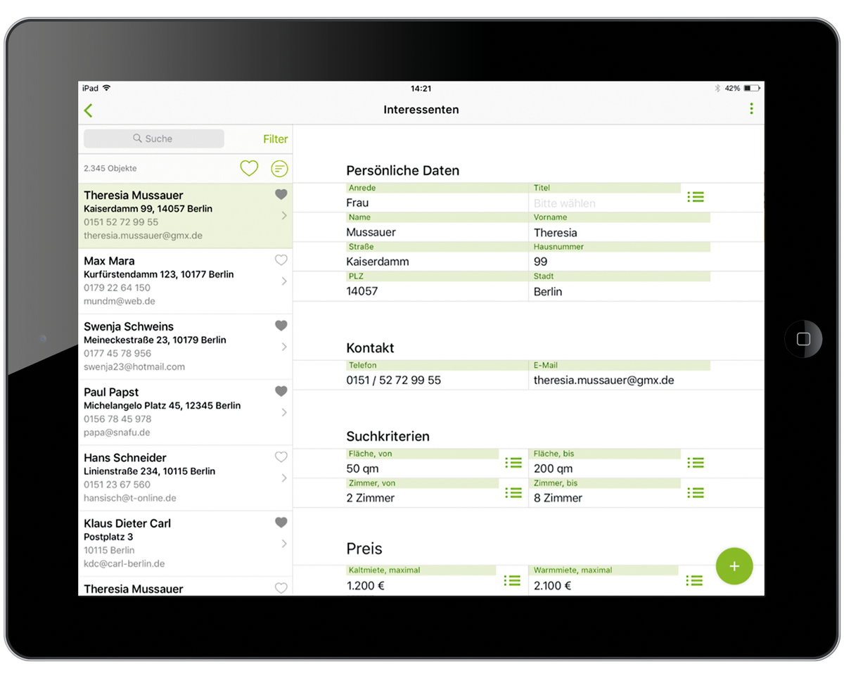 Figure 4: “Potential tenants” service – maintaining contact and application data. Der Dienst "Interessenten" in der easysquare Vermietungslösung