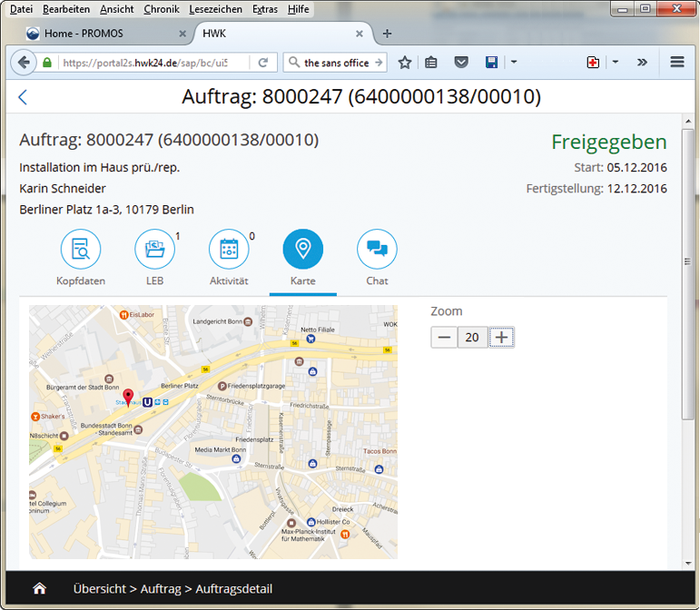 Abbildung 3: Neue Kartenfunktion im Handwerkerportal. Darstellung der Kartenintegration im easysquare Handwerkerportal