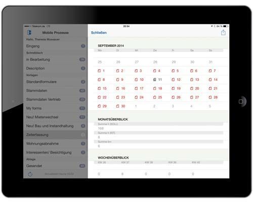 Kalenderansicht zur mobilen Erfassung der Arbeits- und Reisezeiten mit easysquare