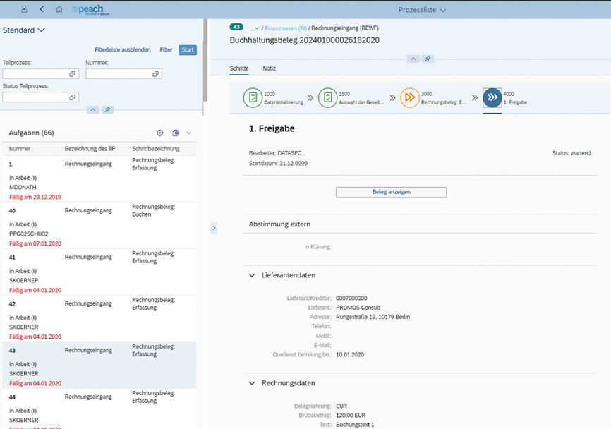 Figure 2: The invoice receipt workflow with easysquare automates processing so that only the release must be issued manually. easysquare Rechnungseingangsworkflow in S/4HANA bei Peach Property im Einsatz zur Digitalisierung der Rechnungsverarbeitung