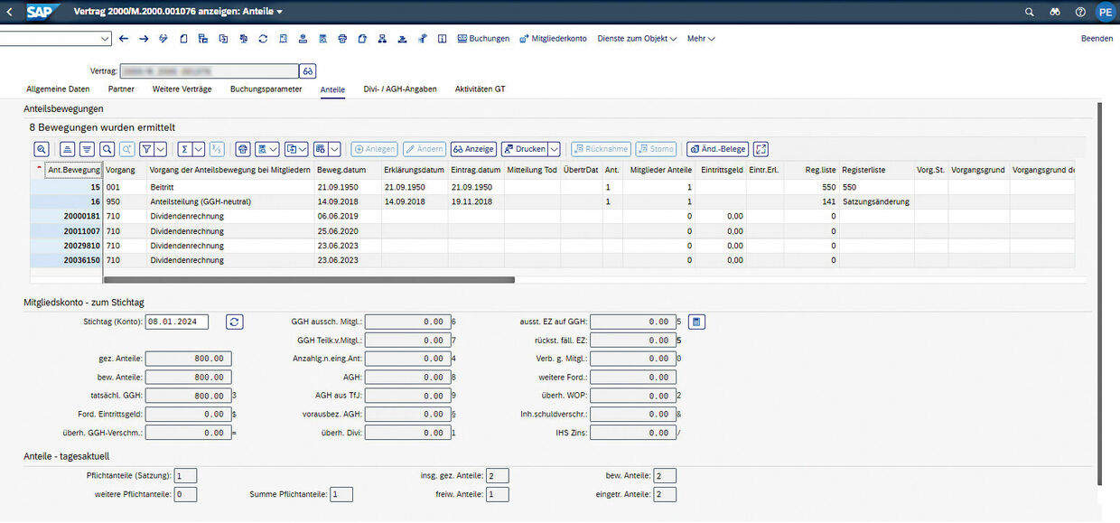 Figure 2: The “Shares” tab of the membership contract clearly lists share movements, subscribed share capital and information on dividend distributions. Übersicht der Anteilsbewegungen von Genossenschaftsmitgliedern in der PROMOS.GT ready2 Lösung für Genossenschaften