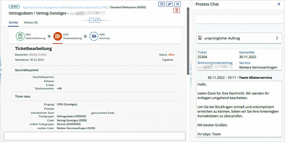 Figure 2: Workflows are digitised via ticket processing and all concerns are bundled in one place. Ticketbearbeitung in SAP Fiori der Talyo Property Services