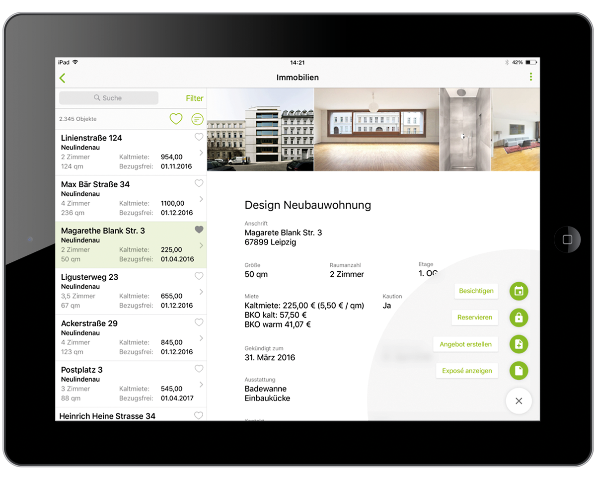 Der Dienst "Immobilien" mit den Objektstammdaten in der easysquare Vermietungslösung, hier Darstellung auf dem iPad