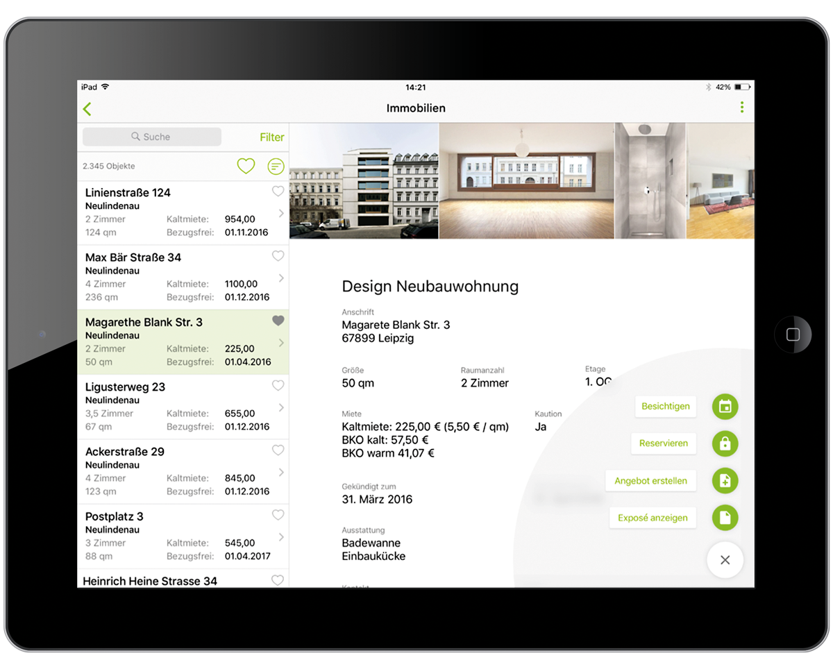 Figure 2: “Real estate” service with the property master data – displayed on an iPad. Der Dienst "Immobilien" mit den Objektstammdaten in der easysquare Vermietungslösung, hier Darstellung auf dem iPad