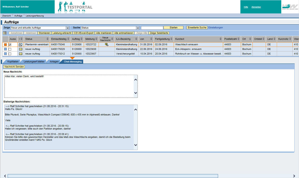 The craftsman company can send requests to the employee in the easysquare craftsmen portal via chat. Chatfunktion im easysquare Handwerkerportal
