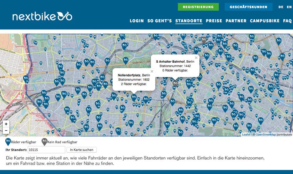 Figure 2: Nextbike, a leading bike sharing provider, presents the locations and numbers of its rental bikes on an interactive map. Interaktive Karte zur Veranschaulichung der Standorte von Leihrädern