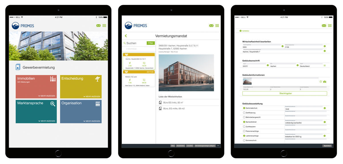 Figure 1: Direct access – the landlord’s home page clearly shows all services and processes (left). The rental mandate can be used to combine several rental units into a “package” (centre). Edit accounting entities – data on rental units can be entered and added quickly and easily (right). Vermietung von Gewerbeimmobilien mit den Apps von easysquare