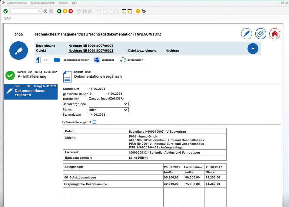 Figure 4: By switching from supplements to BUS elements, easysquare workflow processes can be generated for supplements. Automatische Generierung von Prozessen zur Nachtragsverwaltung in easysquare workflow dank BUS-Elemente in SAP