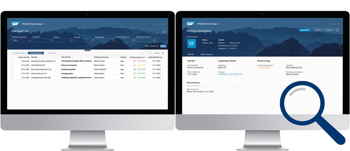Figure 2: Various filter options for your resubmissions can restrict the view in the results list. By selecting a resubmission, you can quickly jump to the detail view for further processing. Darstellung aller Wiedervorlagen in der Ergebnisliste sowie im Detail