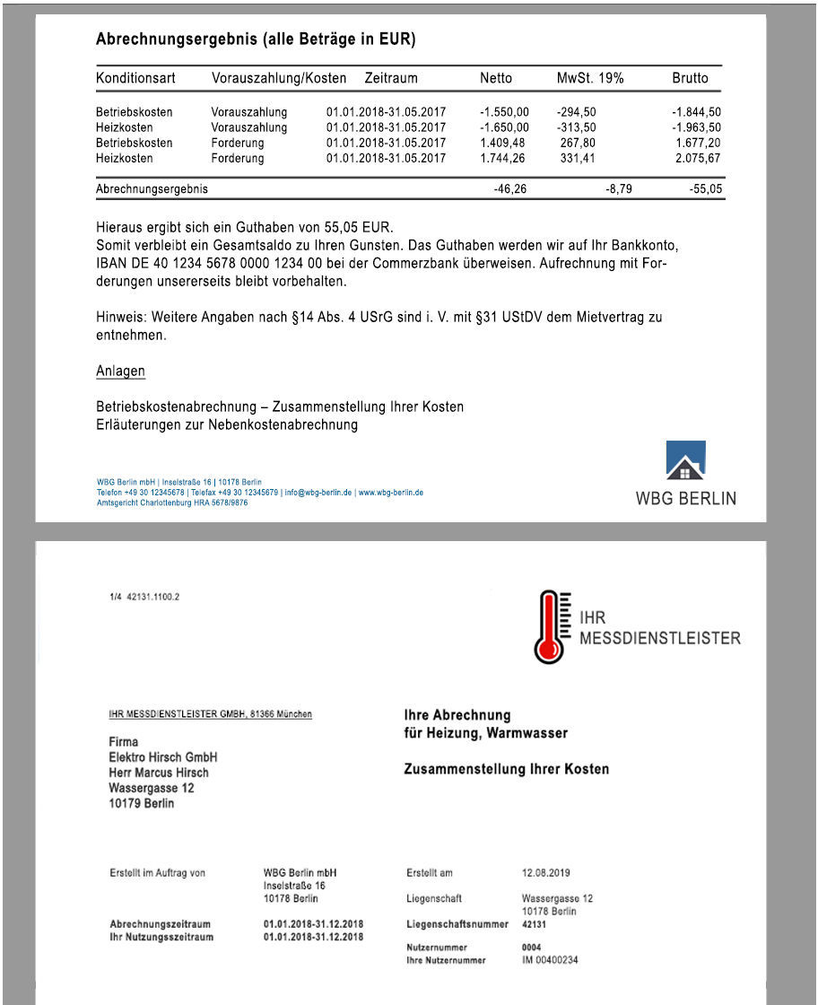 Zusammengeführtes Dokument mit Anschreiben sowie Abrechnung vom Wärmemessdienst