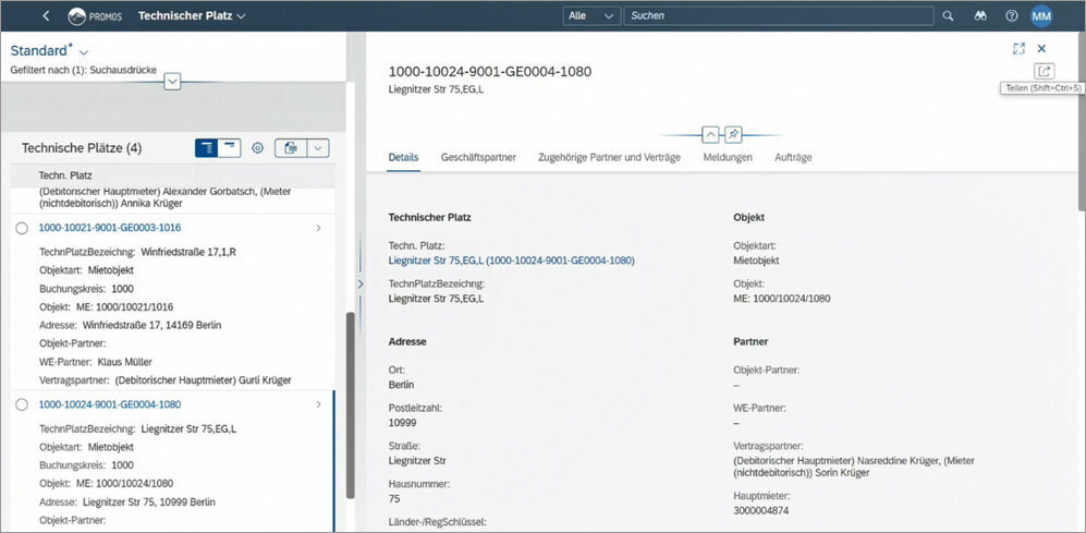 Figure 1: Split screens support users at various points in the application. Left: Results list from the functional location search, right: Detailed view of the selected functional location. Splitscreen in der neuen PROMOS Schadenserfassung im Fiori Launchpad