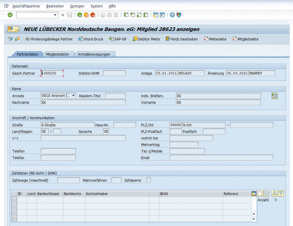 Figure 1: It is clear on the “Partner Data” tab of the member module that the personal data no longer required has been anonymised. Anonymisierung personenbezogener Daten im Mitgliedermodul von NEUE LÜBECKER gemäß DSGVO