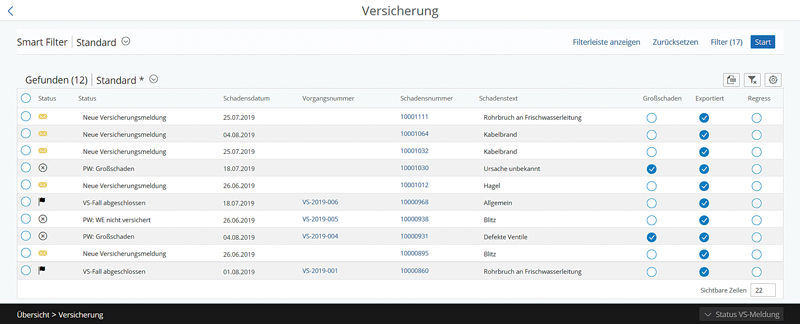 Figure 2: The insurance portal provides an overview of all current claims cases including their status. Überblick über alle aktuellen Schadensfälle im easysquare Versicherungsportal