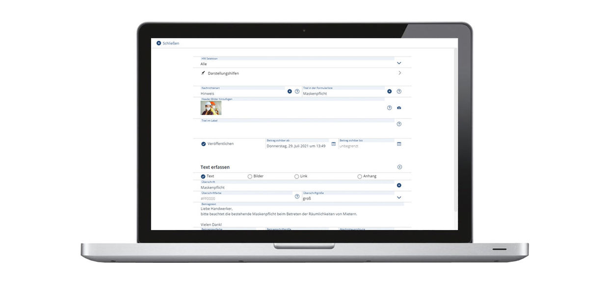 Figure 2: Using the generic bulletin board, it is now possible to manage bulletin board posts quite simply using a web portal, such as to announce a mask requirement on the easysquare craftsmen portal. Generische Pinnwand administrieren in der Handwerker App