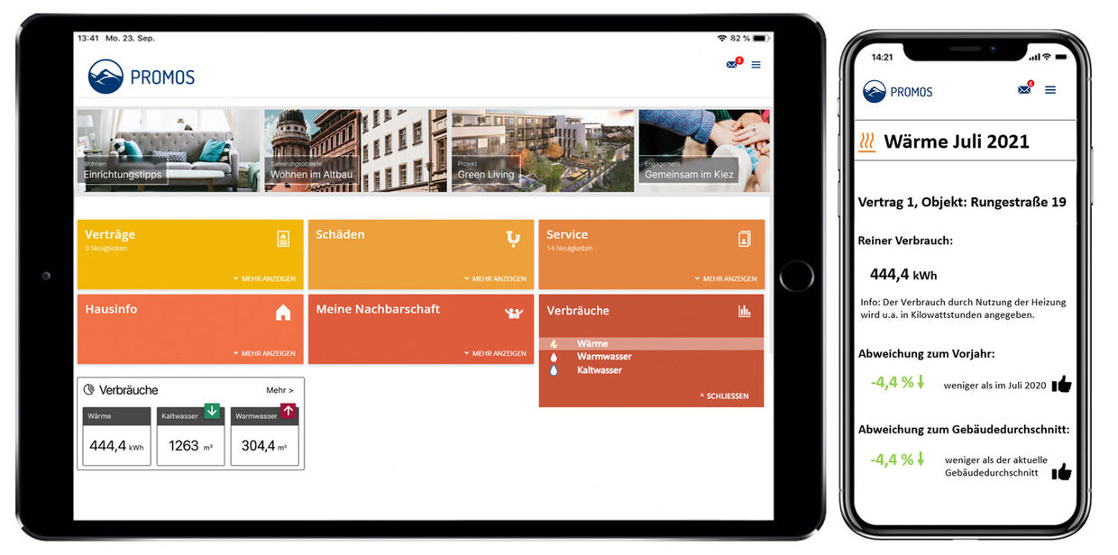 Clear graphic visualisation You offer your tenants real added value with the clearly structured views. With just a few clicks, tenants can keep an eye on their consumption behaviour at all times. The consumption widget already shows the most important consumption data for the current month in the tile overview. The widget automatically updates when the app is opened if new data is available. If a tenant has several rental contracts, the widget displays the total consumption value for all rental contracts. The year view can also be clearly arranged using tables and diagrams. Übersichtliche Visualisierung aktueller Verbrauchsdaten in der easysquare Mieter-App