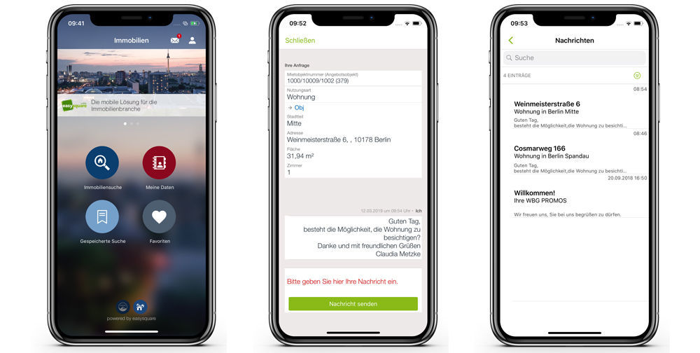 Immobiliensuche mit der easysquare Interessenten-App (1), Chat zwischen Interessent und Wohnungsunternehmen (2) sowie die Nachrichtenfunktion in der easysquare Interessenten-App (3). easysquare Interessenten-App