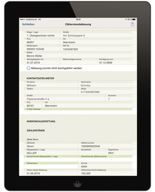 Figure 2: Paperless inspections including meter readings or checks of heating systems, windows, walls, etc. can be conducted using a tablet or smartphone.  Zählerstanderfassung in der easysquare mobile App