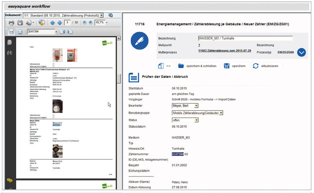 Figure 3: The error-free data recorded via mobile device is available in the central ERP system without the need for manual data entry following an inspection. The data can also be checked using a split screen. Darstellung des Split Screens zur Einsichtnahme mobiler Daten in easysquare workflow