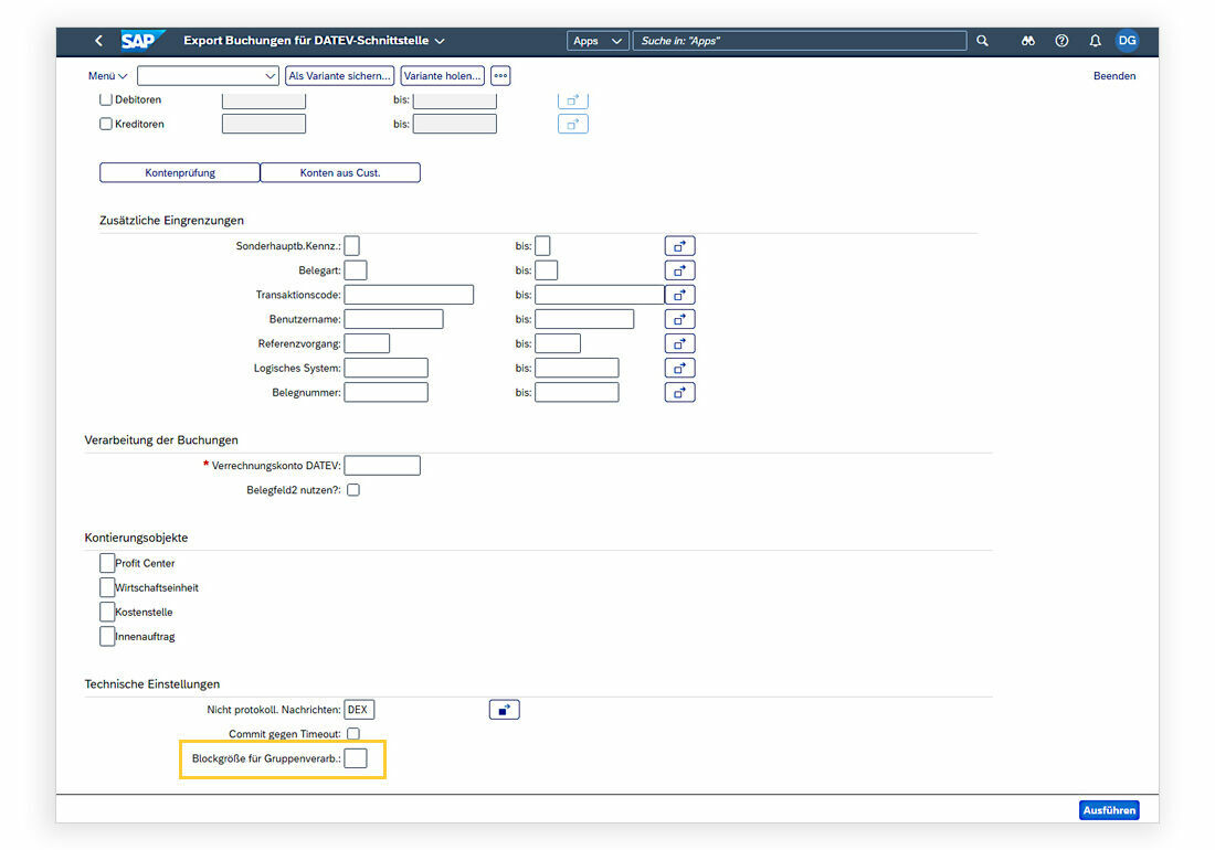 The block processing of document data helps the solution perform better. Durch die neue Blockverarbeitung können nun auch sehr große Datenmengen performant von SAP nach DATEV exportiert werden.