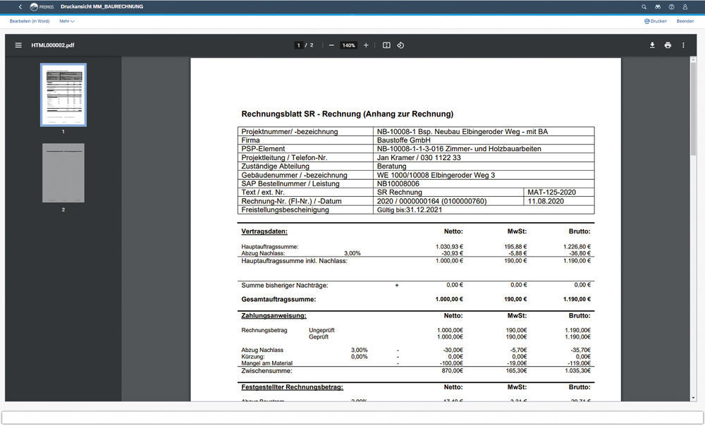 PROMOS Baurechnungsprüfblatt zur Weiterverarbeitung in Korrespondenzen