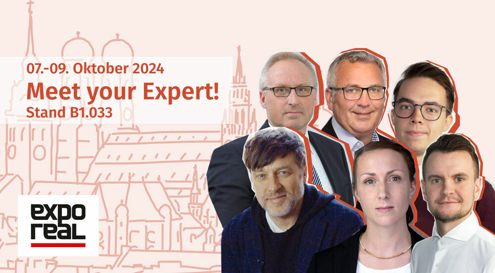 Our experts are looking forward to your visit: Volker Schulz (CIO), Frank Wyzujak (Senior Sales Manager), Milan Reen (Chief of Staff), Jens Kramer (CEO), Elena Wollscheid (Head of Consulting), Erik Walter (Head of Consulting)! (from top left to bottom right) Unsere Expertinnen und Experten freuen sich, Sie auf der EXPO REAL zu treffen.