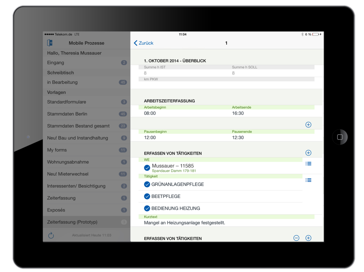 Erfassungssicht der easysquare Zeiterfassung: Kataloge und eine Mehrfachauswahl beschleunigen die Eingabe in der iPad-App. 