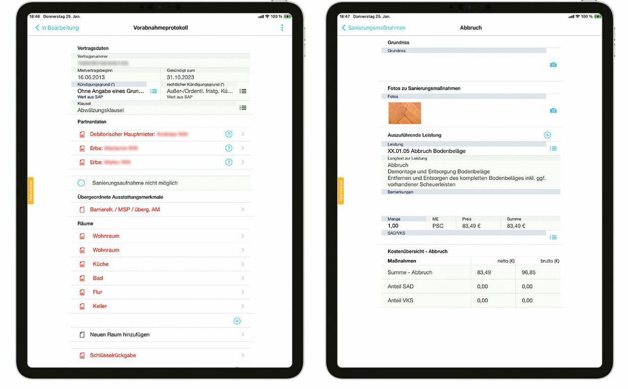 Figure 2: In the modernised residential property handover process, all data is automatically transferred to the ERP system. The digital renovation recording log includes all important data on the renovation measures. Digitale Übergabeprotokolle in der easysquare Professional App von Gewobag