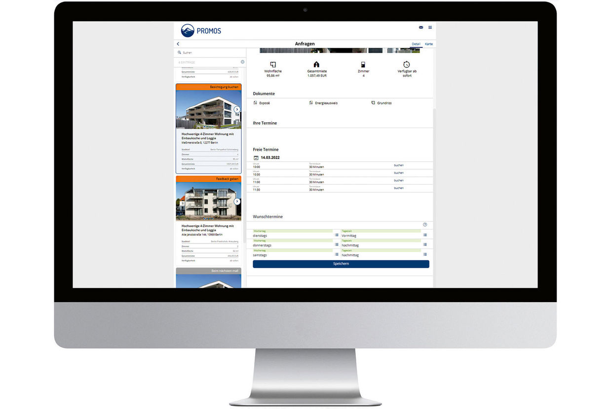 The potential tenant can preselect preferred dates for the viewing, thus making the process of agreeing on a date even faster than before. Wunschtermine für Besichtigungen in der easysquare Vermieter-App benennen
