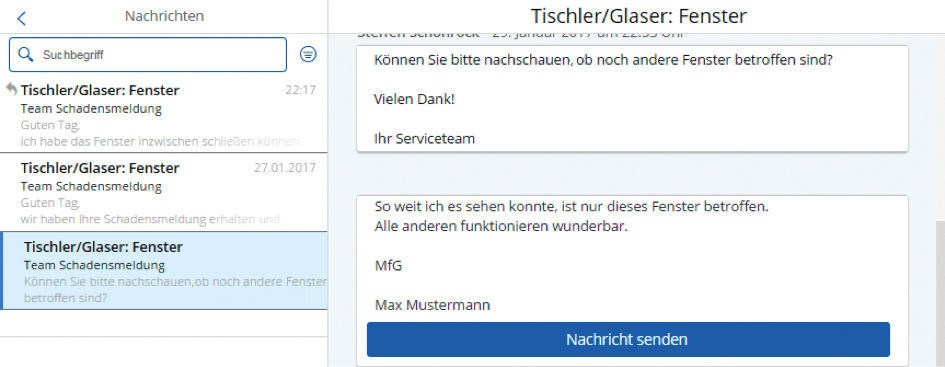 Figure 3: Customer advisors and tenants can use the practical messaging function to communicate about unresolved damage and service notifications. Nachrichtenfunktion zu offenen Schadens- und Servicemeldungen in der easysquare Mieter-App