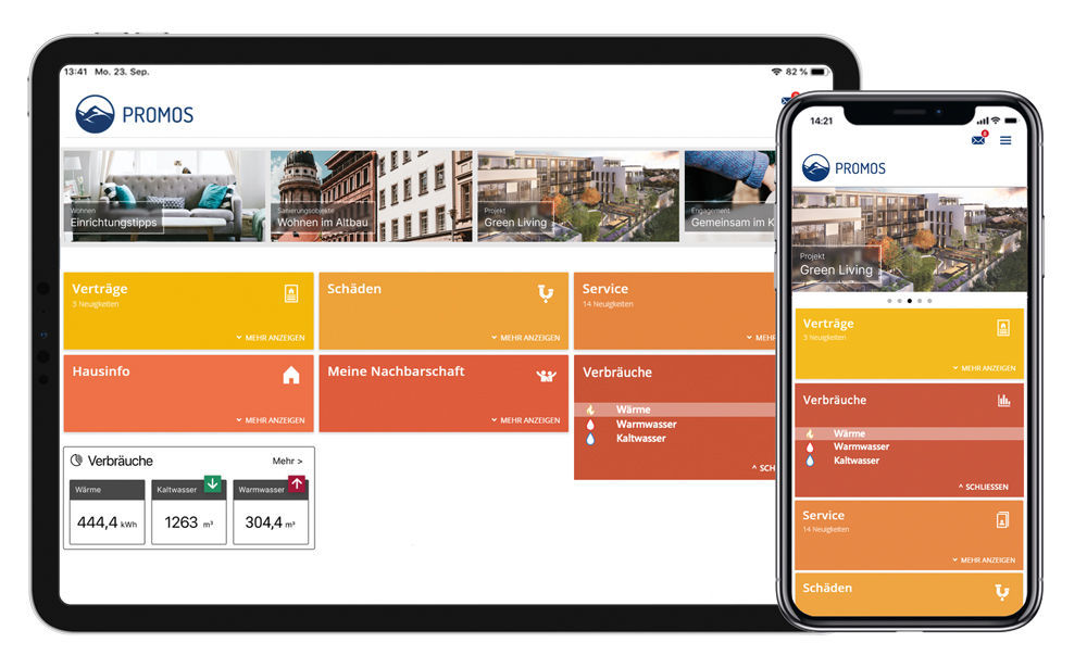 Figure 1: All consumption data can be called up at any time with the new “Consumption” function. Both monthly and annual data can be displayed in clear tables and charts. Darstellung aktueller Verbrauchswerte für Heizkosten und Warmwasser in der easysquare Mieter-App