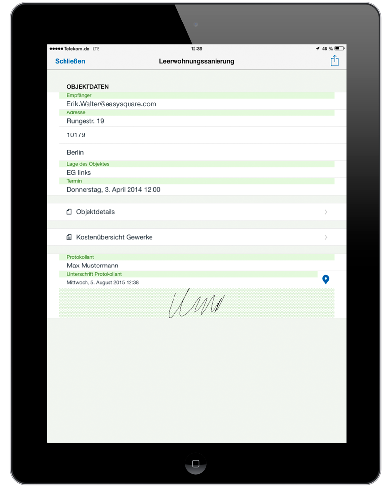 Die Unterschrift zur Leerwohnungssanierung durch den Objektbetreuer wird direkt im Formular in der easysquare mobile App geleistet.