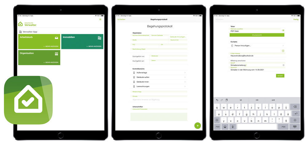 Figures 1-3: No more mounds of paper. The digital desk is always available (left). Inspections have never been so convenient and transparent – the digital inspection log (centre). The completed form can be sent directly by e-mail as a PDF file (right). easysquare Verwalter-App für das digitale Immobilienmanagement