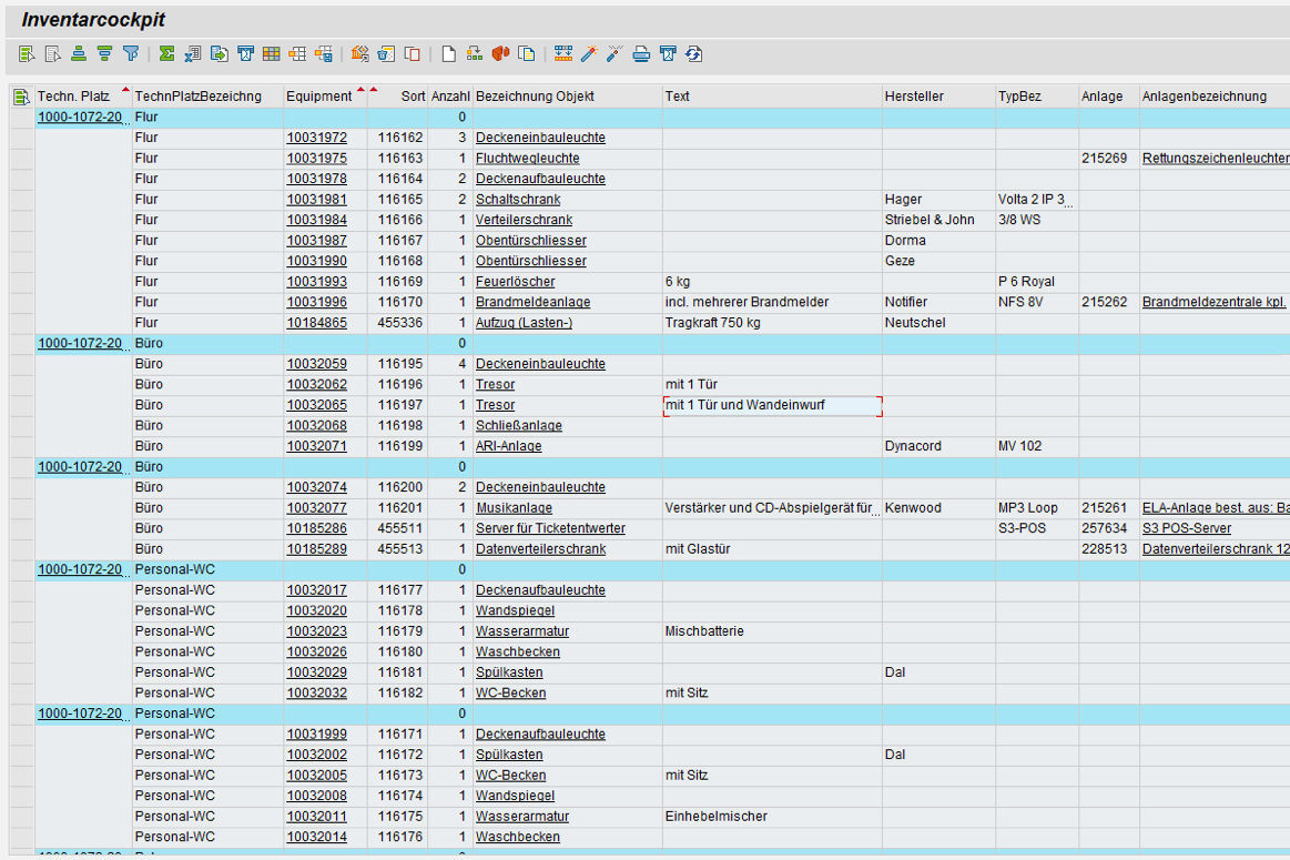 PROMOS Inventarcockpit: in der Symbolleiste sind die Bearbeitungsfunktionen für die Massenbearbeitung hinterlegt