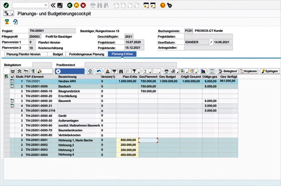 Figure 2: A new tab enables revenue planning in the PROMOS budget cockpit. Erlösplanung von Bauprojekten mit PROMOS Budgetcockpit für SAP