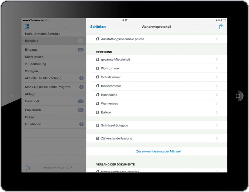 Das mobile Formular zur Objektbegehung im Rahmen des Mieterwechsels in der easysquare mobile App auf dem iPad