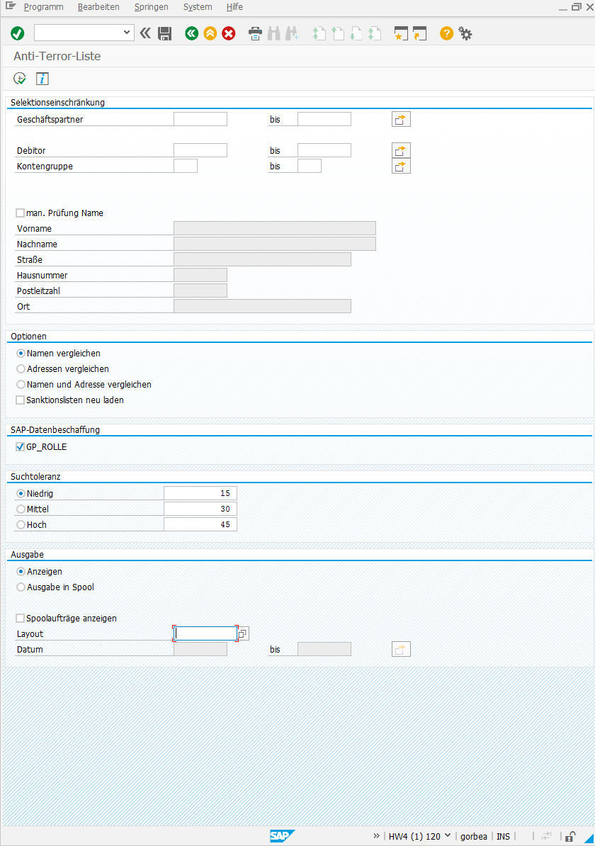 Fig. 1: Selection screen for the PROMOS Sanctions List Check Selektionsmaske zur PROMOS Sanktionslistenprüfung