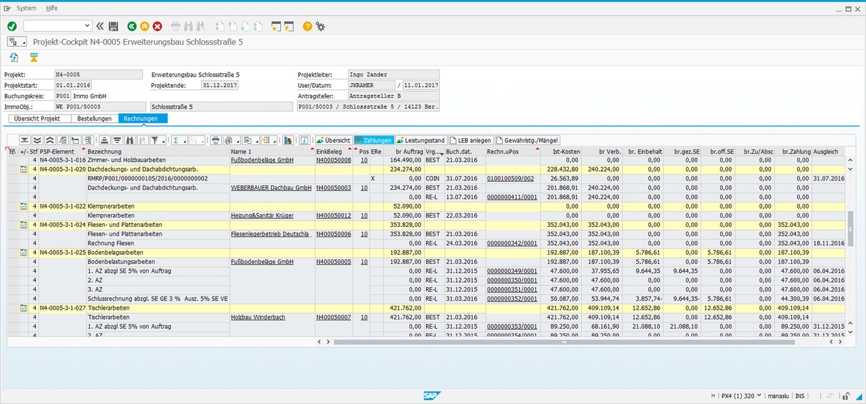 In the PROMOS project cockpit all settlements belonging to the relative construction project are shown clearly.  Im PROMOS Projektcockpit werden übersichtlich alle zum jeweiligen Bauprojekt gehörigen Rechnungen angezeigt.