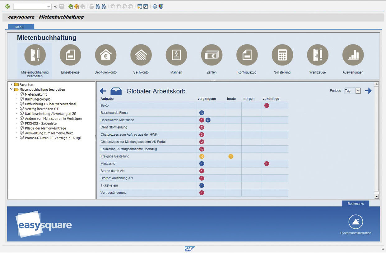 Figure 1: The global work basket contains an overall list of all outstanding tasks. Globaler Arbeitskorb zur Darstellung von Team- bzw. Gruppenaufgaben in easysquare workflow