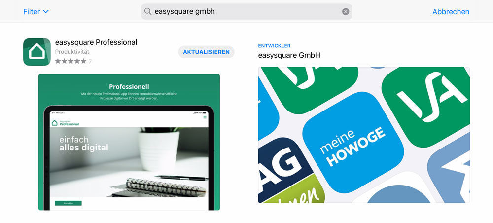 Use the search term “easysquare GmbH” to find the latest version of the easysquare professional app in the App Store. Die easysquare Professional App im AppStore.