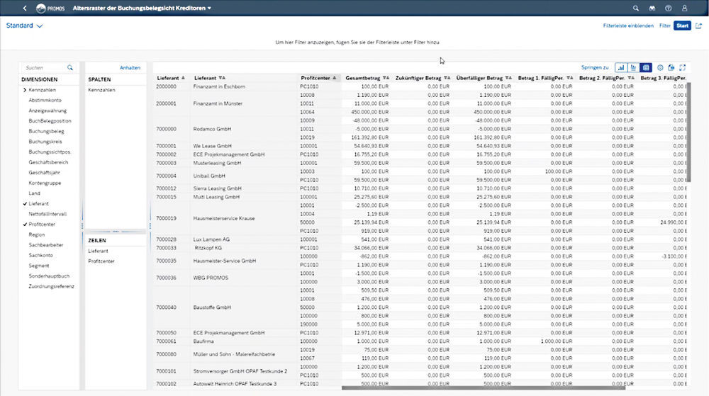 Figure 2: The query browser can be used to quickly and easily create user-defined analytical reports without users having to know the technical details of data acquisition. Abfrage-Browser im Einsatz der Kreditorenbuchhaltung im Fiori Launchpad von PROMOS consult