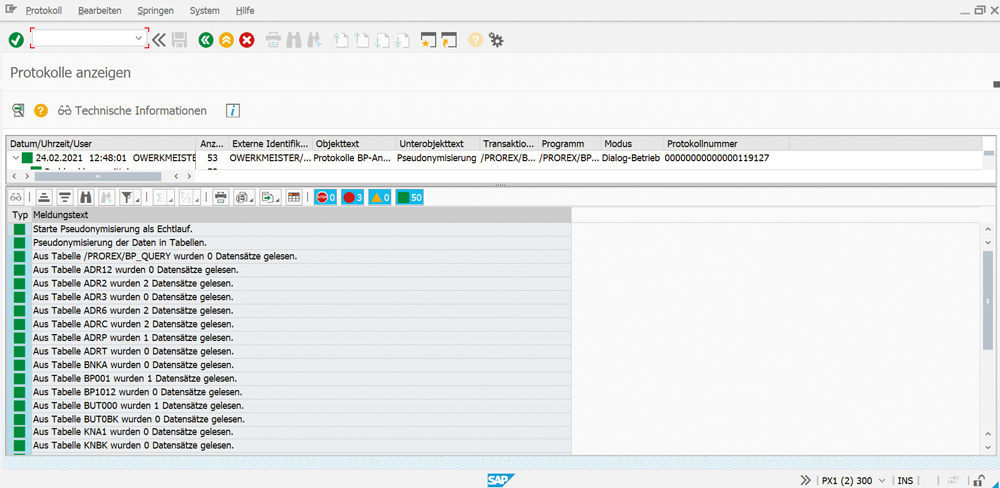 Figure 2: A log displays the results of the pseudonymisation program. Protokoll über den Erfolg der Pseudonymisierung personenbezogener Daten in Testsystemen in der PROMOS Datenschutzlösung für SAP